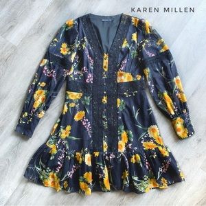 Karen Millen Floral Lace Inserts Long Sleeve Gold Button Front Ruffle Hem Size L